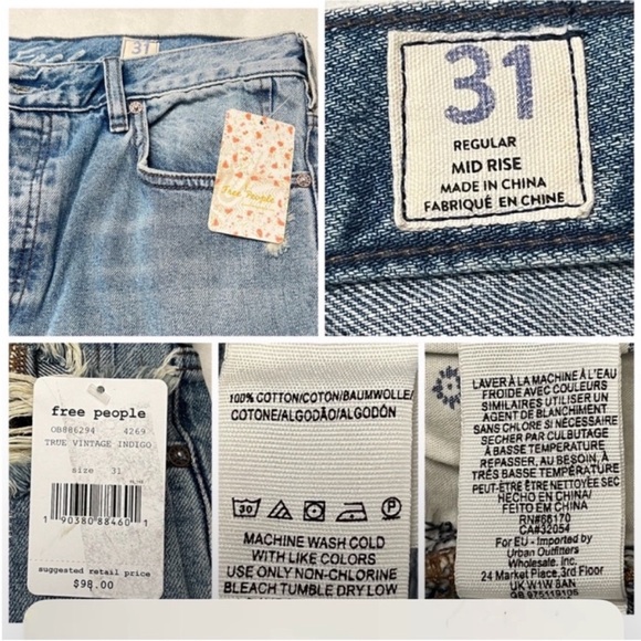 We the Free Mid Rise Indigo Distressed Jeans Size Sz 31 Button Fly - Picture 9 of 9